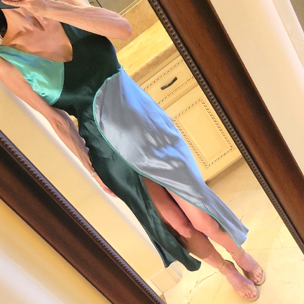 Lattelier 100% Silk Green/Gray  Sheath Midi Dress for Night Out w/ Front Slit, S - Picture 3 of 16